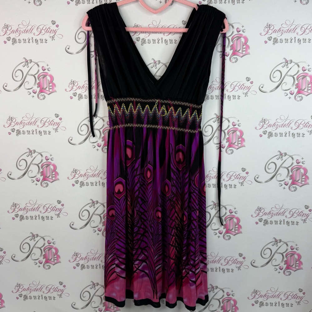 Thailand dress smocked feather style Aztec Elegant Black and Purple Dress